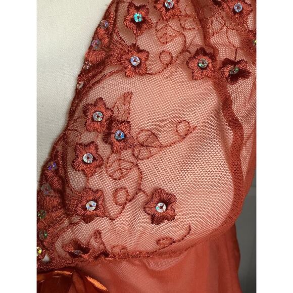 Daisy Fuentes Sheer Floral Embroidered Lingerie Top Orange Sequins Size L Large - Picture 4 of 8